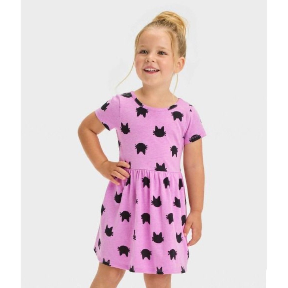 Cat & Jack Girls Purple Black Cat Print Short Sleeve Dress Halloween 12m